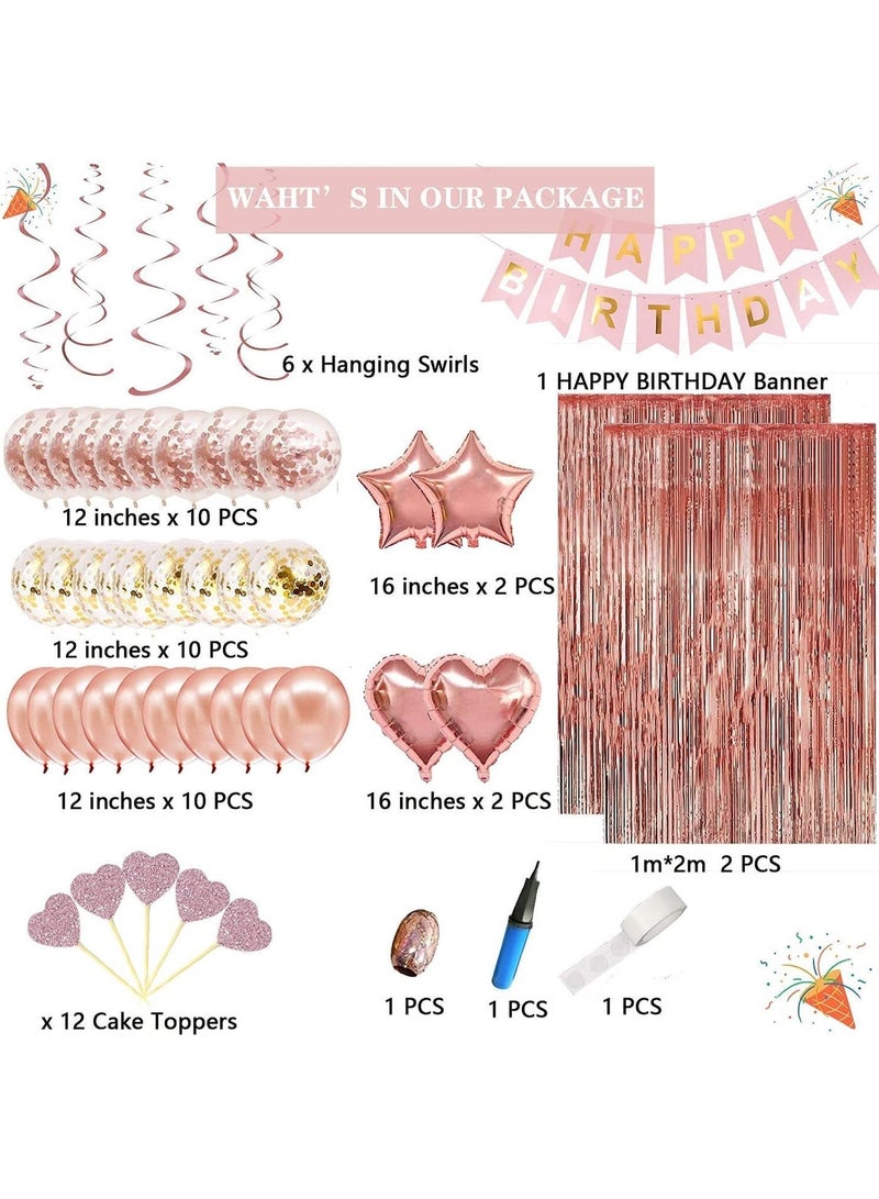 ديكورات حفلات أعياد الميلاد باللون الذهبي الوردي، لافتة عيد ميلاد سعيد، ستارة هامشية باللون الذهبي الوردي، قلب نجمة من رقائق معدنية، بالونات قصاصات ورقية معلقة، زينة كعكة لأعياد ميلاد النساء والفتيات، حفلة أميرة، 58 قطعة - Image 2